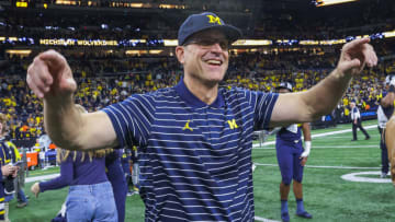 INDIANAPOLIS, IN - DECEMBER 03: Head coach Jim Harbaugh of the Michigan Wolverines is seen following the Big Ten Championship against the Purdue Boilermakers at Lucas Oil Stadium on December 3, 2022 in Indianapolis, Indiana. (Photo by Michael Hickey/Getty Images)