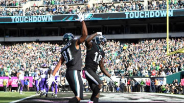 Oct 23, 2016; Philadelphia, PA, USA; Philadelphia Eagles wide receiver Dorial Green-Beckham (18) celebrates his touchdown catch with Philadelphia Eagles wide receiver Jordan Matthews in the third quarter against the Minnesota Vikings at Lincoln Financial Field. Mandatory Credit: James Lang-USA TODAY Sports