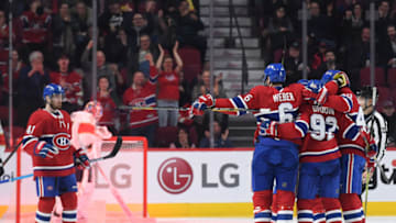 MONTREAL, QC - JANUARY 15: Shea Weber #6 of the Montreal Canadiens celebrates with teammates after scoring a goal against the Florida Panthers in the NHL game at the Bell Centre on January 15, 2019 in Montreal, Quebec, Canada. (Photo by Francois Lacasse/NHLI via Getty Images)