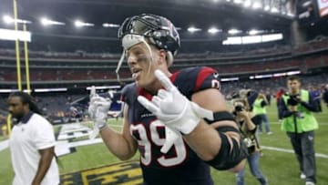 Nov 1, 2015; Houston, TX, USA; Houston Texans defensive end J.J. Watt (99) leaves the field after beating the Tennessee Titans 20-6 at NRG Stadium. Mandatory Credit: Erich Schlegel-USA TODAY Sports