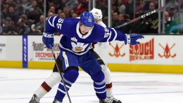 CLEVELAND, OH - NOVEMBER 02: Toronto Marlies defenceman Andreas Borgman (55) plays the puck as he fights off Cleveland Monsters defenceman Gabriel Carlsson (53) during the first period the American Hockey League game between the Toronto Marlies and Cleveland Monsters on November 2, 2018, at Quicken Loans Arena in Cleveland, OH. (Photo by Frank Jansky/Icon Sportswire via Getty Images)