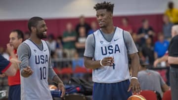 Jul 18, 2016; Las Vegas, NV, USA; USA guard Kyrie Irving (10) and guard Jimmy Butler (4) talk during a USA basketball practice at Mendenhall Center, U of Las Vegas. Mandatory Credit: Joshua Dahl-USA TODAY Sports