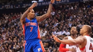 Jan 12, 2015; Toronto, Ontario, CAN; Detroit Pistons guard Brandon Jennings (7) passes the ball during the second quarter in a game at Air Canada Centre. Mandatory Credit: Nick Turchiaro-USA TODAY Sports