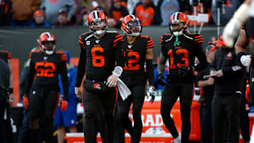 CLEVELAND, OH - DECEMBER 22: Baker Mayfield #6 of the Cleveland Browns, KhaDarel Hodge #12 and Odell Beckham Jr. #13 walk out onto the field during the game against the Baltimore Ravens at FirstEnergy Stadium on December 22, 2019 in Cleveland, Ohio. Baltimore defeated Cleveland 31-15. (Photo by Kirk Irwin/Getty Images)