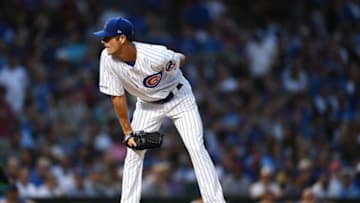 CHICAGO, ILLINOIS - AUGUST 20: Cole Hamels #35 of the Chicago Cubs throws a pitch during the second inning against the San Francisco Giants at Wrigley Field on August 20, 2019 in Chicago, Illinois. (Photo by Stacy Revere/Getty Images)