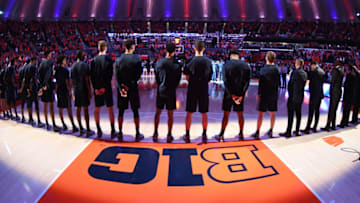 CHAMPAIGN , IL - NOVEMBER 13: The Georgetown Hoyas line up for the National Anthem before a college basketball game against the Illinois Fighting Illini at the State Farm Center on November 13, 2018 in Champaign, Illinois. (Photo by Mitchell Layton/Getty Images) *** Local Caption ***