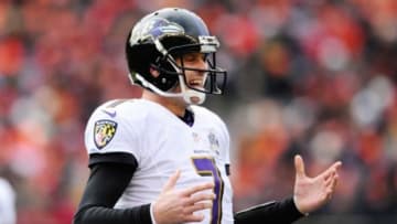 Jan 3, 2016; Cincinnati, OH, USA; Baltimore Ravens quarterback Ryan Mallett (7) reacts to a play during the second quarter against Cincinnati Bengals at Paul Brown Stadium. Mandatory Credit: Joshua Lindsey-USA TODAY Sports
