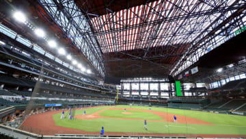 ARLINGTON, TEXAS - JULY 09: A view of the Texas Rangers during an intrasquad game during Major League Baseball summer workouts at Globe Life Field on July 09, 2020 in Arlington, Texas. (Photo by Tom Pennington/Getty Images)