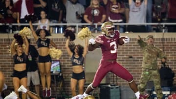 Florida State Seminoles running back Trey Benson (3) runs the ball down to the end zone a kickoff for the first touchdown of the night for the Seminoles. The Florida State Seminoles lead the Boston College Eagles at the half 31-0 Saturday, Sept. 24, 2022.Fsu V Bc252