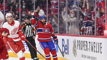 MONTREAL, QC - OCTOBER 23: Mathieu Perreault #85 of the Montreal Canadiens reacts as he celebrates his goal during the second period against the Detroit Red Wings at Centre Bell on October 23, 2021 in Montreal, Canada. (Photo by Minas Panagiotakis/Getty Images)