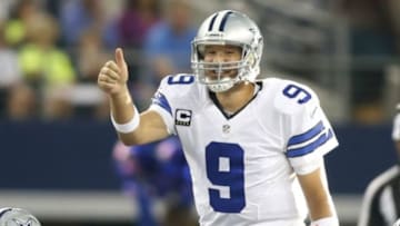 Oct 19, 2014; Arlington, TX, USA; Dallas Cowboys quarterback Tony Romo (9) calls a play at the line of scrimmage during the fourth quarter against the New York Giants at AT&T Stadium. Dallas beat New York 31-21. Mandatory Credit: Tim Heitman-USA TODAY Sports