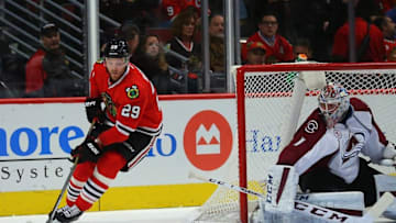 Dec 15, 2015; Chicago, IL, USA; Chicago Blackhawks left wing Bryan Bickell (29) circles behind Colorado Avalanche goalie Semyon Varlamov (1) during the first period at the United Center. Mandatory Credit: Dennis Wierzbicki-USA TODAY Sports
