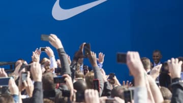 BEAVERTOWN, OR - MAY 8: President Barack Obama speaks to Nike Employees and other Oregonians at Nike Headquarters May 8, 2015 in Beaverton, Oregon. Obama spoke about the Trans-Pacific Partnership trade pacts which include the U.S. in a trade agreement with 11 other nations. (Photo by Natalie Behring/Getty Images)