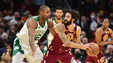 CLEVELAND, OHIO - NOVEMBER 15: Ricky Rubio #3 of the Cleveland Cavaliers looks for a pass while under pressure from Al Horford #42 of the Boston Celtics during the fourth quarter at Rocket Mortgage Fieldhouse on November 15, 2021 in Cleveland, Ohio. The Celtics defeated the Cavaliers 98-92. NOTE TO USER: User expressly acknowledges and agrees that, by downloading and/or using this photograph, user is consenting to the terms and conditions of the Getty Images License Agreement. (Photo by Jason Miller/Getty Images)