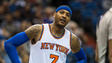Feb 20, 2016; Minneapolis, MN, USA; New York Knicks forward Carmelo Anthony (7) looks on against the Minnesota Timberwolves at Target Center. The Knicks defeated the Timberwolves 103-95. Mandatory Credit: Brace Hemmelgarn-USA TODAY Sports