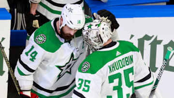 Jamie Benn #14 and Anton Khudobin #35 of the Dallas Stars (Photo by Jeff Vinnick/Getty Images)