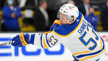 Feb 1, 2022; Las Vegas, Nevada, USA; Buffalo Sabres left wing Jeff Skinner (53) shoots during team warmups before the start of a game against the Vegas Golden Knights at T-Mobile Arena. Mandatory Credit: Stephen R. Sylvanie-USA TODAY Sports
