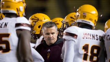 Nov 28, 2015; Berkeley, CA, USA; Arizona State Sun Devils head coach Todd Graham between players during the third quarter against the California Golden Bears at Memorial Stadium. The California Golden Bears defeated the Arizona State Sun Devils 48-46. Mandatory Credit: Kelley L Cox-USA TODAY Sports