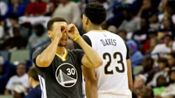 Oct 31, 2015; New Orleans, LA, USA; Golden State Warriors guard Stephen Curry (30) reacts after scoring against the New Orleans Pelicans during the second half of a game at Smoothie King Center. The Warriors defeated the Pelicans 134-120. Mandatory Credit: Derick E. Hingle-USA TODAY Sports