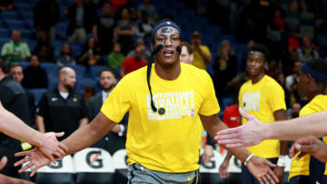 Myles Turner #33 of the Indiana Pacers walks onto the court during the first half of a game against the New Orleans Pelicans (Photo by Sean Gardner/Getty Images)