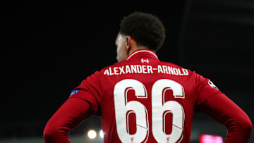 LIVERPOOL, ENGLAND - FEBRUARY 19: Trent Alexander-Arnold of Liverpool looks on during the UEFA Champions League Round of 16 First Leg match between Liverpool and FC Bayern Muenchen at Anfield on February 19, 2019 in Liverpool, England. (Photo by Clive Brunskill/Getty Images)