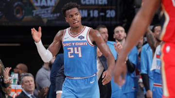 SACRAMENTO, CA - DECEMBER 23: Buddy Hield #24 of the Sacramento Kings raects during the game against the New Orleans Pelicans on December 23, 2018 at Golden 1 Center in Sacramento, California. NOTE TO USER: User expressly acknowledges and agrees that, by downloading and or using this photograph, User is consenting to the terms and conditions of the Getty Images Agreement. Mandatory Copyright Notice: Copyright 2018 NBAE (Photo by Rocky Widner/NBAE via Getty Images)