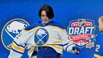 Jul 7, 2022; Montreal, Quebec, CANADA; Matthew Savoie after being selected as the number nine overall pick to the Buffalo Sabres in the first round of the 2022 NHL Draft at Bell Centre. Mandatory Credit: Eric Bolte-USA TODAY Sports