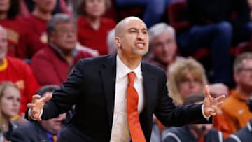 AMES, IA - FEBRUARY 2: Head coach Shaka Smart of the Texas Longhorns coaches from the bench in the first half of play against the Iowa State Cyclones at Hilton Coliseum on February 2, 2019 in Ames, Iowa. (Photo by David Purdy/Getty Images)