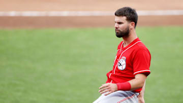 CINCINNATI, OH - JULY 18: Jesse Winker #33 of the Cincinnati Reds looks on during a team scrimmage at Great American Ball Park on July 18, 2020 in Cincinnati, Ohio. (Photo by Joe Robbins/Getty Images)