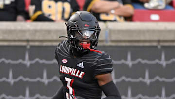 Oct 29, 2022; Louisville, Kentucky, USA; Louisville Cardinals cornerback Quincy Riley (3) returns an interception for a touchdown against the Wake Forest Demon Deacons during the second half at Cardinal Stadium. Louisville defeated Wake Forest 48-21. Mandatory Credit: Jamie Rhodes-USA TODAY Sports