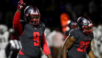 Pike Road's Malik Blocton (9) celebrates recovering a punt against Andalusia during AHSAA Class 5A Football Semi-Final playoff action in Pike Road, Ala., on Friday November 26, 2021.Pr24