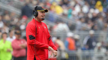 Oct 8, 2016; University Park, PA, USA; Maryland Terrapins head coach DJ Durkin looks on from the sideline during the second quarter against the Penn State Nittany Lions at Beaver Stadium. Penn State defeated Maryland 38-14. Mandatory Credit: Matthew O