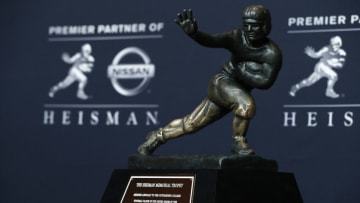 NEW YORK, NY - DECEMBER 09: The Heisman Trophy is displayed at a press conference for the 2017 Heisman Trophy Presentation on December 9, 2017 in New York City. (Photo by Jeff Zelevansky/Getty Images)