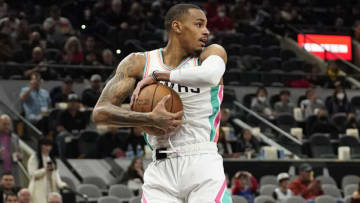 Jan 28, 2022; San Antonio, Texas, USA; San Antonio Spurs guard Dejounte Murray (5) looks to pass the ball after coming down with a rebound during the first half against the Chicago Bulls at ATT Center. Mandatory Credit: Scott Wachter-USA TODAY Sports