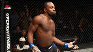 HIDALGO, TX - SEPTEMBER 17: Derek Brunson celebrates his knockout victory over Uriah Hall of Jamaica in their middleweight bout during the UFC Fight Night event at State Farm Arena on September 17, 2016 in Hidalgo, Texas. (Photo by Josh Hedges/Zuffa LLC/Zuffa LLC via Getty Images)