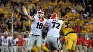 Sep 17, 2016; Columbia, MO, USA; Georgia Bulldogs quarterback Jacob Eason (10) throws a pass against the Missouri Tigers in the second half at Faurot Field. The Bulldogs won 28-27. Mandatory Credit: John Rieger-USA TODAY Sports