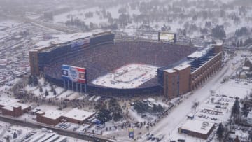 ANN ARBOR, MI - JANUARY 01: (EDITORIAL USE ONLY) Aerial view of Michigan stadium during the Bridgestone NHL Winter Classic between the Toronto Maple Leafs and Detroit Red Wings on January 1, 2014 in Ann Arbor, Michigan. (Photo by Leon Halip/Getty Images)