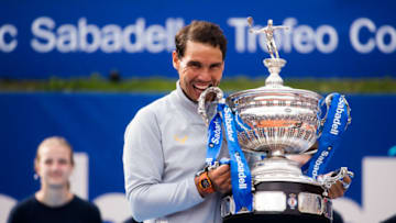 BARCELONA, SPAIN - APRIL 29: Rafael Nadal of Spain poses with the trophy after his victory against Stefanos Tsitsipas of Greece in their final match during day seven of the Barcelona Open Banc Sabadell on April 29, 2018 in Barcelona, Spain. (Photo by Alex Caparros/Getty Images)