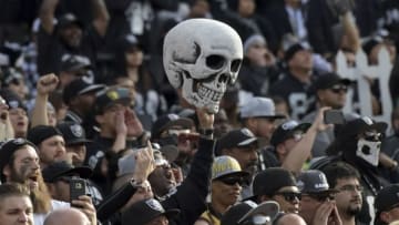 Nov 27, 2016; Oakland, CA, USA; Oakland Raiders fans react during a NFL football game against the Carolina Panthers at Oakland-Alameda County Coliseum. Mandatory Credit: Kirby Lee-USA TODAY Sports