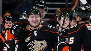ANAHEIM, CA - MARCH 8: Max Jones #49 of the Anaheim Ducks celebrates his first NHL goal with his teammates during the third period of the game against the Montreal Canadiens on March 8, 2019 at Honda Center in Anaheim, California. (Photo by Debora Robinson/NHLI via Getty Images)