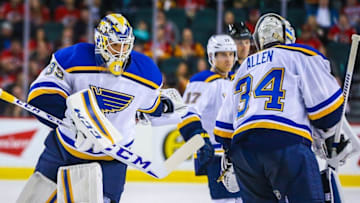 Mar 14, 2016; Calgary, Alberta, CAN; St. Louis Blues goalie Anders Nilsson (39) replaces St. Louis Blues goalie Jake Allen (34) during the second period against the Calgary Flames at Scotiabank Saddledome. Mandatory Credit: Sergei Belski-USA TODAY Sports