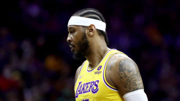 PHILADELPHIA, PENNSYLVANIA - JANUARY 27: Carmelo Anthony #7 of the Los Angeles Lakers looks on during the second quarter against the Philadelphia 76ers at Wells Fargo Center on January 27, 2022 in Philadelphia, Pennsylvania. NOTE TO USER: User expressly acknowledges and agrees that, by downloading and or using this photograph, User is consenting to the terms and conditions of the Getty Images License Agreement. (Photo by Tim Nwachukwu/Getty Images)