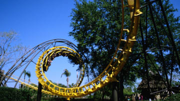 A spiraling yellow roller coaster gives riders a thrill at Busch Gardens amusement and wildlife park in Tampa, Florida. (Photo by Nik Wheeler/Corbis via Getty Images)