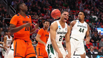 DETROIT, MI - MARCH 16: Miles Bridges #22 of the Michigan State Spartans reacts during the second half against the Bucknell Bison in the first round of the 2018 NCAA Men's Basketball Tournament at Little Caesars Arena on March 16, 2018 in Detroit, Michigan. (Photo by Gregory Shamus/Getty Images)