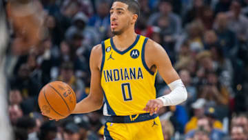 Nov 25, 2022; Indianapolis, Indiana, USA; Indiana Pacers guard Tyrese Haliburton (0) dribbles the ball in the first quarter against the Brooklyn Nets at Gainbridge Fieldhouse. Mandatory Credit: Trevor Ruszkowski-USA TODAY Sports