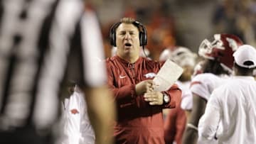 Oct 22, 2016; Auburn, AL, USA; Arkansas Razorbacks head coach Bret Bielema reacts to a play during the third quarter against the Auburn Tigers at Jordan Hare Stadium. The Tigers beat the Razorbacks 56-3. Mandatory Credit: John Reed-USA TODAY Sports