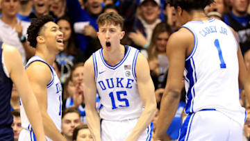Duke basketball players Jordan Goldwire, Alex O'Connell, and Vernon Carey Jr. (Photo by Streeter Lecka/Getty Images)