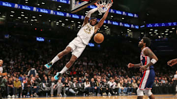 Apr 10, 2022; Brooklyn, New York, USA; Indiana Pacers guard Buddy Hield (24) dunks in the second quarter against the Brooklyn Nets at Barclays Center. Mandatory Credit: Wendell Cruz-USA TODAY Sports