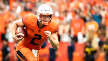 SYRACUSE, NY - SEPTEMBER 15: Eric Dungey #2 of the Syracuse Orange carries the ball during the game against the Florida State Seminoles at the Carrier Dome on September 15, 2018 in Syracuse, New York. Syracuse defeats Florida State 30-7. (Photo by Brett Carlsen/Getty Images)