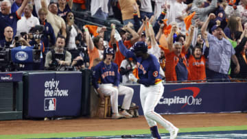 HOUSTON, TEXAS - NOVEMBER 05: Yordan Alvarez #44 of the Houston Astros hits a three-run home run against the Philadelphia Phillies during the sixth inning in Game Six of the 2022 World Series at Minute Maid Park on November 05, 2022 in Houston, Texas. (Photo by Bob Levey/Getty Images)